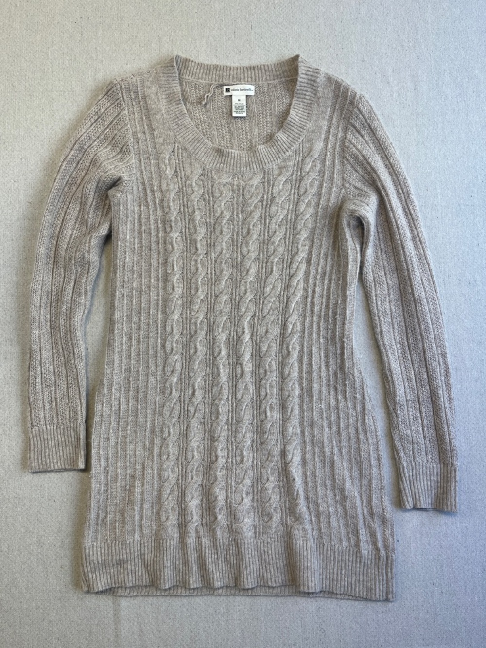 Valerie Bertinelli Cable Knit Crewneck Sweater/Sweater Dress- Beige/Taupe